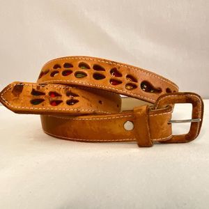 Western Tan Leather Belt Unisex 34 Waist Colorful Teardrop Needlepoint Inlay